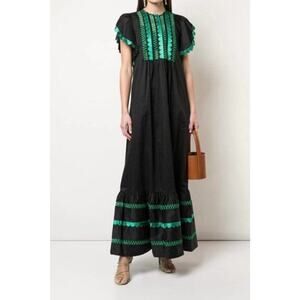 CYNTHIA ROWLEY S Small Green Embroidered Nairobi Maxi Kaftan Caftan Dress NWT